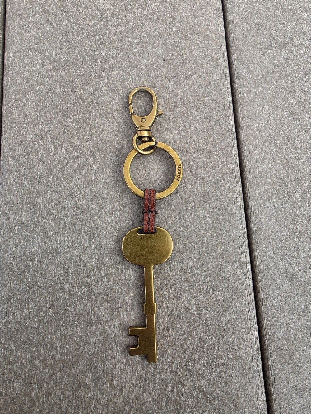Fossil Gold Brass Key Charm with Brown Leather Loop